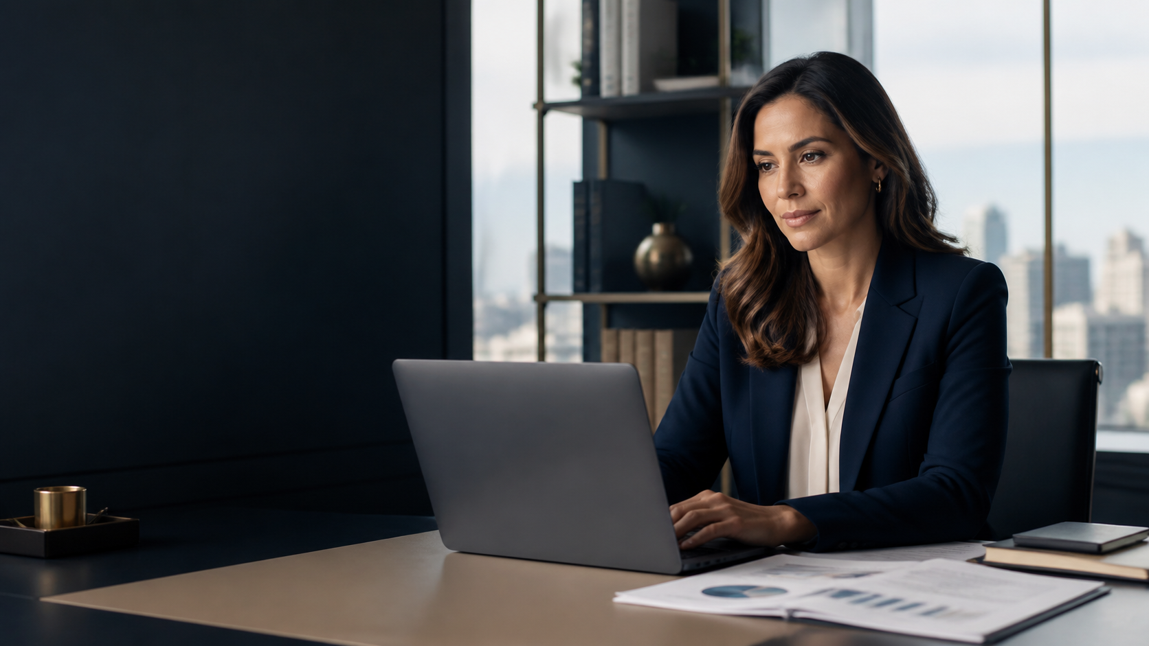 Empresária analisando indicadores financeiros em um escritório moderno